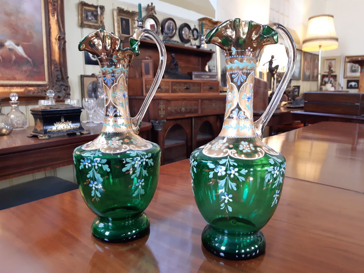 Pair Bohemian green glass wine ewers